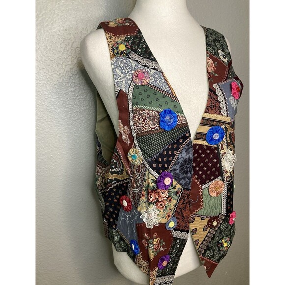 Patchwork Open Vest L Handmade Crazy Quilt Button Appliqué Granny Grandma Vtg - Picture 3 of 6